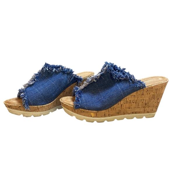 Minnetonka York Wedge Sandals Size 8 Blue Denim Cork Fringe Heels Open Toe Boho - Picture 2 of 8